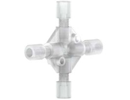 Low-Pressure Cross Assembly, Natural ETFE, 0.050" Bore, 1/8" OD Tubing, 1/4-28 Flat Bottom; 1/EA
