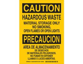 Bilingual CAUTION Hazardous Waste Material Storage Only No Smoking, Open Flames Or Open Lights Sign, 14" H x 10" W x 0.035" D, Aluminum