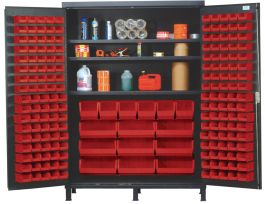 CABINET W/RED BINS AND SHELVES STL 60IN
