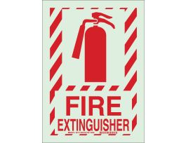Fire Extinguisher Sign, 14" H x 10" W x 0.008" D, Red on Glow, Self Sticking Polyester