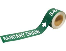 Self-Adhesive Pipe Marker: SANITARY Drain, 1" H x 8" W, Roll of 25 Each, Fits Pipes 1.5" Dia. Thru 2" Dia.
