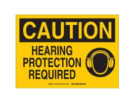 CAUTION Hearing Protection Required w/ Pictogram Sign, 10" H x 14" W x 0.006" D, Polyester