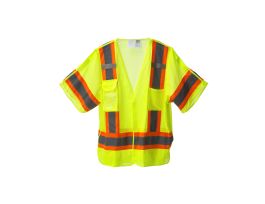 COR-BRITE® TYPE R, CLASS III, LIMITED FR, 5-POINT BREAKAWAY VEST, LIME MESH, CLEAR RADIO POCKET/BADGE HOLDER, CHEST POCKET, TWO INSIDE LOWER POCKETS, DUAL MIC TABS, TWO-TONE REFLECTIVE TAPE