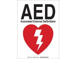AED Automated External Defibrillator Sign, 14" H x 10" W x 0.06" D, Red on White