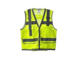 COR-BRITE®, TYPE R, CLASS II, HEAVY DUTY, LIME MESH SURVEYORS VEST, SNAP CLOSURE, 2-INCH SILVER REFLECTIVE STRIPES,  GRAY NYLON WOVEN TRIM, TWO CHEST POCKETS, TWO OUTSIDE LOWER POCKETS, LARGE REAR TABLET/PLANS SNAP POCKET, MIC TABS, D-RING ACCESS, CLEAR 