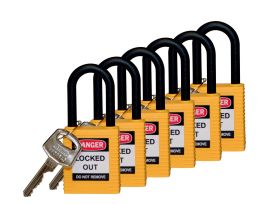 Standard Key Retaining Lockout Nylon Padlock 1.5 in Nylon Shackle KD Yellow 6PK