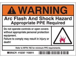 Arc Flash Labels, WARNING w/Pictogram - Self-Sticking Polyester, 3.5" H x 5" W x 0.006" D, Roll of 100 Labels, Black/Orange on White