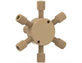 Low-Pressure Manifold Assembly, Natural PEEK, 5 Port, 0.062" Bore, 1/8" OD Tubing, 1/4-28 Flat Bottom; 1/EA