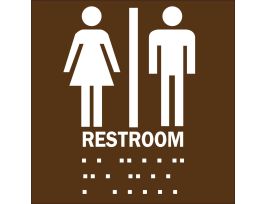 Braille ADA Restrooms Sign, 8" H x 8" W, White on Brown, Plastic