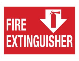 Fire Extinguisher Sign, 7" H x 10" W x 0.006" D, White on Red, Polyester, w/Pictogram Down Arrow
