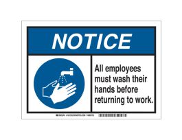 ToughWash NOTICE All Employees Must Wash Their Hands Before Returning To Work Sign, 10" H x 14" W x 0.125" D, Polypropylene
