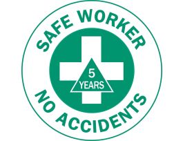 SAFE WORKER NO ACCIDENTS 5 YEARS Hard Hat Labels, 2" Dia, Card of 4 Labels, Green on White