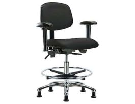 Cleanroom  Ergonomic Chair, Vinyl, Bench Height, Black, Adjustable Arms, Chrome Casters, Chrome Foot Ring