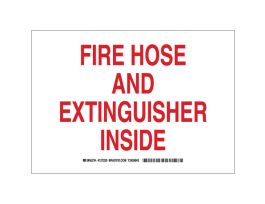 Fire Hose And Extinguisher Inside Sign, 10" H x 14" W x 0.035" D, Red on White, Aluminum