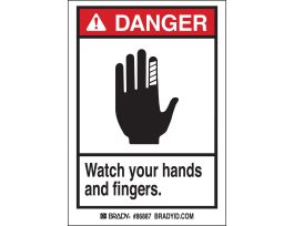 DANGER Watch Your Hands And Fingers. Labels, Black/Red on White