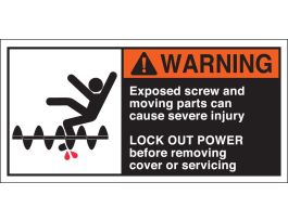 EXPOSED SCREW AND MOVING PARTS CAN CAUSE SEVERE INJURY Labels, 2.5" H x 5" W x 0.006" D