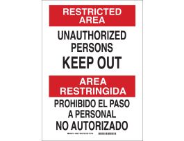 Bilingual RESTRICTED AREA/Area Unauthorized Persons Keep Out Sign, 14" H x 10" W x 0.06" D, Black/Red on White