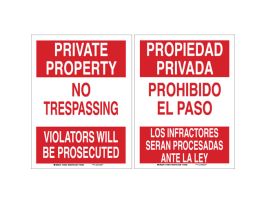 Bilingual PRIVATE PROPERTY No Trespassing Violators Will Be Prosecuted Sign, 12" H x 18" W x 0.035" D, Aluminum