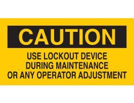 Caution Use Lockout Device During Maintenance Or Any Operator Adjustment Sign, 2.25" H x 4.5" W x 0.004" D, Vinyl