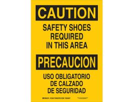 Bilingual CAUTION Safety Shoes Required In This Area Sign, 14" H x 10" W x 0.006" D, Polyester