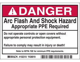 Arc Flash Labels, DANGER Arc Flash and Shock Hazard - Self-Sticking Polyester, 3.5" H x 5" W x 0.006" D, Roll of 100 Labels, Black/Red on White