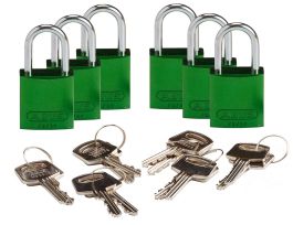 Compact Key Retaining Lockout Aluminum Padlock 1in Aluminum Shackle KD Green 6PK