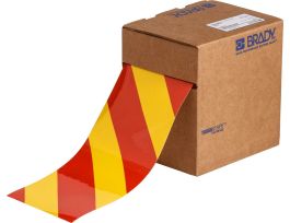 ToughStripe® Floor Marking Tape Roll -  Polyester, Diagonal Stripes, Red on Yellow, 4" x 100'