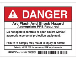 Arc Flash Labels - DANGER Arc Flash and Shock Hazard, Self-Sticking Polyester, 3.5" H x 5" W x 0.006" D, Pack of 5 Labels, Black/Red on White