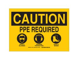CAUTION PPE Required Safety Glasses Hearing Protection Safety Shoes Sign, 10" H x 14" W x 0.06" D, Polystyrene