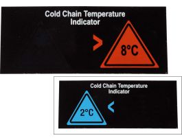 Cold Chain Temperature Indicating Labels, 1.57" H x 3.78" W, Black/Red on Blue/White