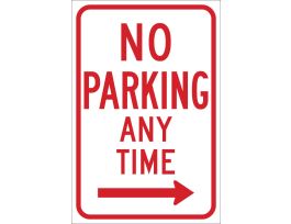No Parking Any Time Sign, 18" H x 12" W x .035" D, Aluminum, Arrow Direction Right