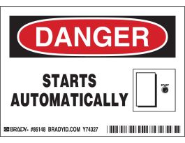 DANGER STARTS AUTOMATICALLY Labels, 3.5" H x 5" W x 0.006" D, Black/Red on White