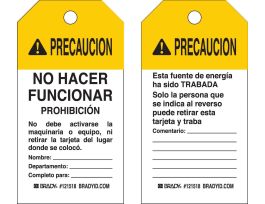 Lockout Tagout Tag PRECAUCION Paper 5.75 x 3  Black, Yellow on White 25/PK