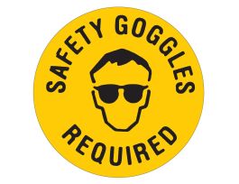 Anti Skid Floor Sign: Vinyl, Black On Yellow, Safety Goggles Required, 17" Dia x 0.012" D, Vinyl