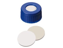 Short Thread Cap, 9 mm, Open Blue Polypropylene, UltraBond Beige Silicone/White PTFE Septa; 1000/pk