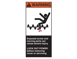 EXPOSED SCREW AND MOVING PARTS CAN CAUSE SEVERE INJURY Labels, 6" H x 3" W x 0.006" D, Black/Orange/Red on White
