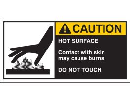 HOT SURFACE CONTACT WITH SKIN MAY CAUSE BURNS DO NOT TOUCH Labels, 2.5" H x 5" W x 0.006" D, Black/Yellow on White