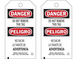 Bilingual Accident Prevention Tags - DANGER Do Not Remove This Tag 5.75x3 100PK