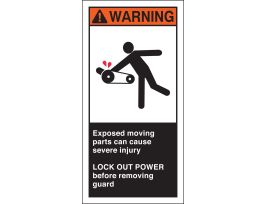 EXPOSED MOVING PARTS CAN CAUSE SEVERE INJURY Labels, 6" H x 3" W x 0.006" D, Black/Orange/Red on White