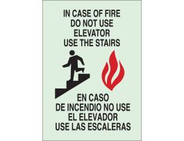 BradyGlo Bilingual In Case Of Fire Do Not Use Elevator Use The Stairs Sign, 14" H x 10" W x 0.008" D