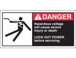 HAZARDOUS VOLTAGE WILL CAUSE SEVERE INJURY OR DEATH Labels, 2.5" H x 5" W x 0.006" D, Black/Red on White