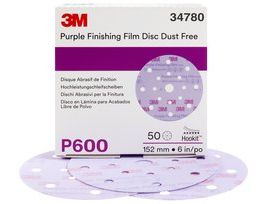 3M™ Hookit™ Purple Finishing Film Abrasive Disc 260L, 34780, 6 in, Dust Free, P600, 50 discs per carton, 4 cartons per case