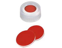 Short Thread Cap, 9mm, Open Transparent Polypropylene, Red PTFE/Silicone/PTFE Septa; 1000/pk