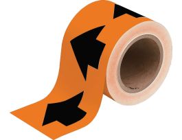 Directional Flow Arrow Tape for Pipe Marking - Roll Form,  Vinyl, Black on Orange, 4" x 30 Yd