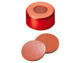 Red Aluminum Crimp Cap, 11 mm Dia., Rubber/Butyl/TEF Septum w/Hole; 1000/pk