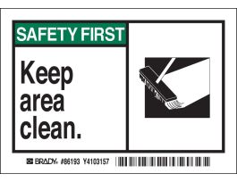 SAFETY FIRST KEEP AREA CLEAN Labels, 3.5" H x 0.006" D, Black/Green on White