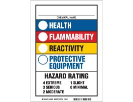 Chemical Name Health Flammability Reactivity Protective Equipment Sign, 10" H x 7" W x 0.006" D, Black/Blue/Red/Yellow on White