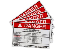 Arc Flash Labels - Adhesive Vinyl, 4" H x 6" W x 0.004" D, Pack of 5 Labels, Black/Red on White