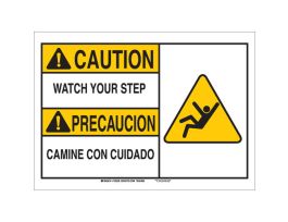 Bilingual CAUTION Watch Your Step Sign, 10" H x 14" W x 0.06" D, Polystyrene