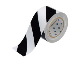 ToughStripe® Floor Marking Tape Roll -  Polyester, Diagonal Stripes, Black on White, 3" x 100'